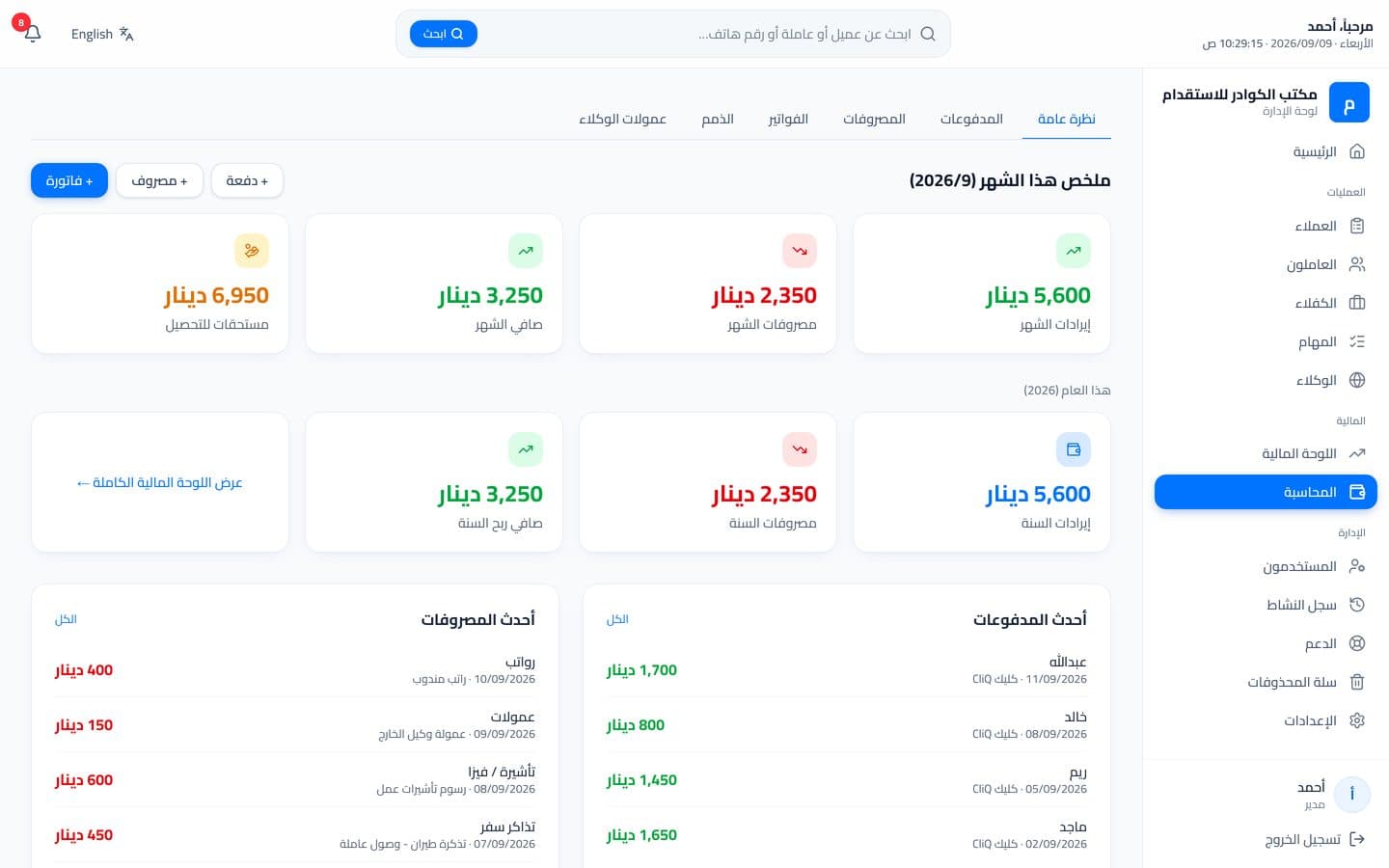 Kawadr accounting: month revenue, expenses, receivables and recent payments